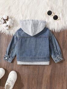 SHEIN 男婴冬季时尚休闲柔软可爱拼接针织连帽多口袋宽松牛仔外套，休闲百搭，适合秋冬季日常穿着和街头服饰，也适合宝宝万圣节和圣诞节穿着。 - 中等水洗藍 - 查看 2