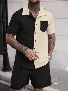 Manfinity Dauomo Men's Contrast Color Minimalist Short Sleeve Shirt And Solid Shorts Set For Daily Wear - Multicolor - View 3