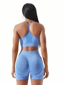 Easithlete Áo ngực thể thao co giãn cao liền mạch kèm quần short biker tập luyện cho nữ Bộ tập luyện cho nữ - Màu xanh lam - Xem 6