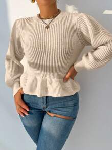 SHEIN Foxxy 女毛衣女上衣针织长袖灯笼袖白色条纹宽松朋友聚会四季秋冬女装秋季 - 卡其色 - 查看 5