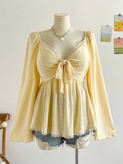 Soleia 大码女式度假黄色长袖系带撞色蕾丝T恤