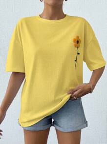EURMUSE 100%Cotton Summer Flower Flocking White T-Shirt - Yellow - View 5