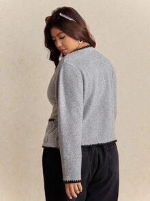 Elaquor Áo khoác cardigan cài nút phía trước hai túi viền tương phản thường ngày cỡ lớn cho mùa thu/đông - Hồng - Xem 2