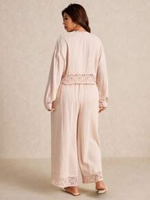 Elaquor Plus Size Minimalist Vacation Lace Patchwork Top And Pants 2 Pieces Set,Fall Clothes For Women - Apricot - View 2