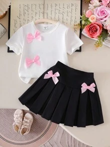 Girls Casual Short Sleeve Bow Decor White T-Shirt And Black Pleated Skirt Set, School Style Summer Outfit