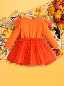 SHEIN Vestido de manga larga con malla y estampado de calabaza sonriente para niñas bebé, adecuado para fiestas y uso casual - Naranja - Ver 2