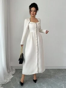Elenzga Váy vải tuýt trắng thanh lịch kiểu Pháp, cổ vuông viền tương phản, thiết kế nút ngọc trai, phong cách lãng mạn nhẹ nhàng cho nữ - trắng - Xem 4