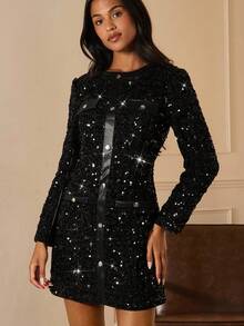 Lilora 女式粗花呢长袖圆领修身优雅连衣裙 - 黑色 - 查看 5