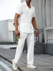 Manfinity Homme Conjunto Casual Masculino de Camisa de Manga Curta de Cor Sólida e Calça, Modelo Paletó Simples - Branco - Visão 7