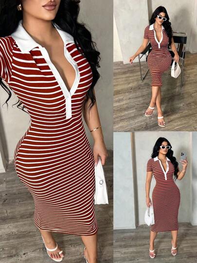 SHEIN SXY Vestido polo casual de mujer de manga corta a rayas, vestido de punto ajustado de longitud media, vestido elegante francés