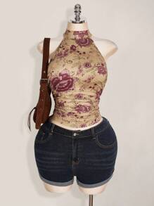 SHEIN ICON Plus Size Y2K Summer Going Out Boho Western Country Concert Women's Sexy Backless Floral Print Halter Neck Top, Summer Halter Tops For Women Vintage Halter Top,Back To School