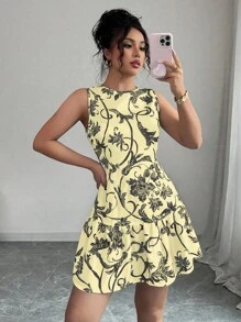 Elenzga 最新款花卉印花圆领无袖收腰女式迷你连衣裙，春夏 - 黃色 - 查看 3