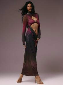 MUSERA 裹颈网眼印花超大剪裁多层垂坠长裙垂坠长袖秋冬秋季夏季假期夜晚外出约会之夜婚礼宾客生日俱乐部性感早午餐外出游轮派对优雅伊比沙岛场合少女可爱 - 彩色 - 查看 6