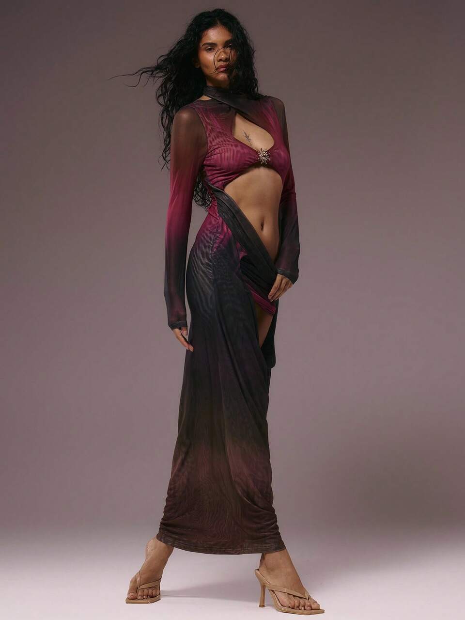 Dark Brown Autumn Girly Club Night Wrap Neck Mesh Print Extreme Cut Out Layered Drape Maxi Dress,Long Sleeve Elegant Wedding Guest Party Dress