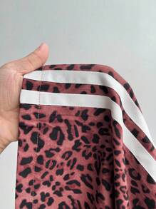 Maweii 大码女式休闲豹纹撞色饰边抽绳腰蝴蝶结直筒裤，时尚设计，百搭，2025 年新款 - 彩色 - 查看 3