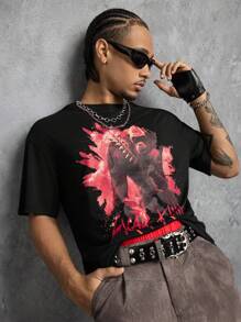 GODZILLAxKONG X SHEIN 男式怪物图案圆领黑色短袖 T 恤 - 黑色 - 查看 5