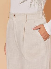 Amorya Quần vải lanh trơn màu thanh lịch thường ngày có nút thắt bằng tre - Màu be - Xem 7