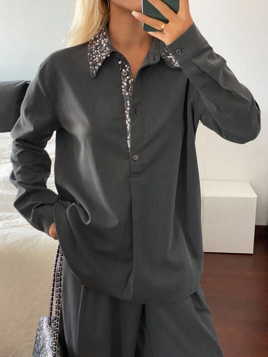 DAZY Women's Loose Sequin Collar Long Sleeve Pullover Casual Vintage Shirt, Autumn/Winter