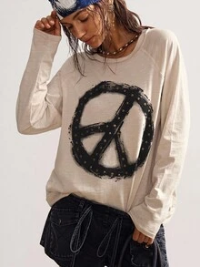 Bohemela 波西米亚风女士休闲长袖宽松水洗和平图案铆钉装饰T恤，复古西部乡村风格，适合音乐会、度假、返校季，秋冬季穿着。 - 卡其色 - 查看 5