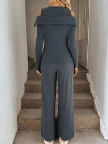 Easowa 2pcs Women Cutout Shoulder Long Sleeve Top And Wide Leg Pants Set, Comfortable Casual Loose Elegant Commuter Outfit Knit Two Piece Set Comfortable Two Piece Set Long Sleeve Jumpsuits For Women Off The Shoulder Two Piece Set