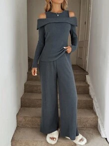 Easowa 2pcs Women Cutout Shoulder Long Sleeve Top And Wide Leg Pants Set, Comfortable Casual Loose Elegant Commuter Outfit Knit Two Piece Set Comfortable Two Piece Set Long Sleeve Jumpsuits For Women Off The Shoulder Two Piece Set
