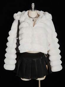 SHEIN ICON 加大码女式 Y2k 派对外出连帽拉链短款人造毛皮冬季女式夹克，时尚设计 - 白色 - 查看 7