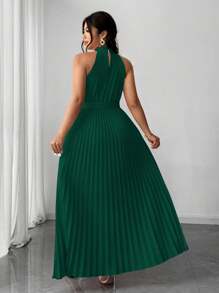 Elenzga Váy dự tiệc cưới thanh lịch lãng mạn cỡ lớn dành cho nữ, cổ yếm, thắt eo, xếp ly - Màu xanh lá cây đậm - Xem 3