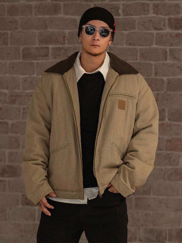 Men's Padded Coat With Denim Collar Patchwork Design, Water-Washed, Winter Jacket
