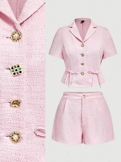 SHEIN MOD 大码女式缺口领短款黄色西装外套和裤子套装