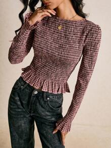 Poéselle 女式格子圆领喇叭袖套头衫 - 鏽棕色 - 查看 4