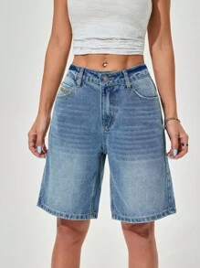 SHEIN ICON 女士休闲宽松阔腿牛仔短裤，夏季 - 中等水洗藍 - 查看 5