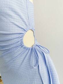 Soleia 女士单肩系带抽绳镂空腰不对称斜下摆中长款度假连衣裙，适合度假、下午茶、音乐节、波西米亚风 - 淺藍色 - 查看 5