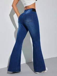 SHEIN PETITE 女士蓝色牛仔裤紧身喇叭裤舒适高弹力牛仔夏季办公室装 Siren Style - 深色水洗藍 - 查看 3