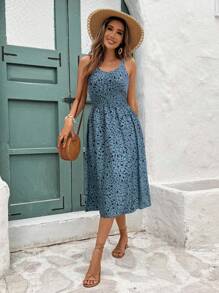SHEIN Frenchy Women's Floral Print Oversized Round Neck Casual Sleeveless Midi Dress, Summer,Casual Dresses For Women Blue
