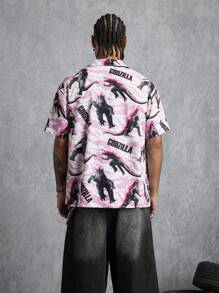 GODZILLAxKONG X SHEIN 男士休闲街头度假风格怪物和字母印花翻领短袖宽松衬衫，夏季 - 白色 - 查看 2