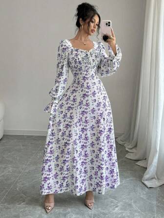 Rafferiza 优雅花卉印花方领连衣裙，荷叶边饰边，荷叶边袖子，珍珠纽扣装饰，适合春秋季女装