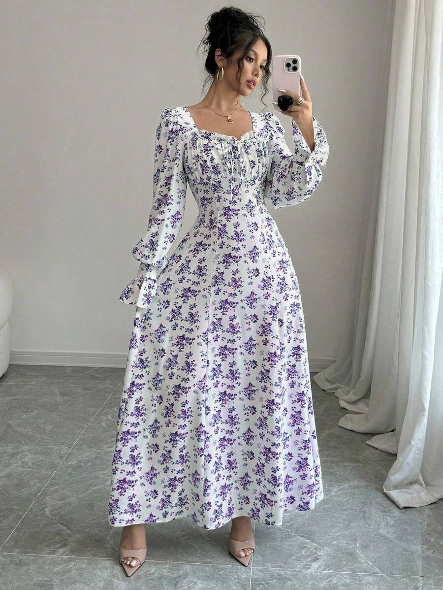 Rafferiza 优雅花卉印花方领连衣裙，荷叶边饰边，荷叶边袖子，珍珠纽扣装饰，适合春秋季女装 - 紫色 - 查看 1