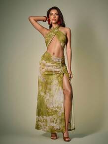 Shutterstock Vestido de mujer con estampado de teñido anudado, escote halter y abertura lateral, para usar de vacaciones, en la playa, en sesiones fotográficas, como atuendo hawaiano o para fiestas - Verde - Ver 4