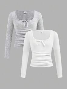 2pcs/Set Vintage Square Collar Solid Color Fitted Long Sleeve T-Shirt With Bow Decor, Versatile Autumn/Winter Fall Girls Tight Tops - Multicolor - View 1