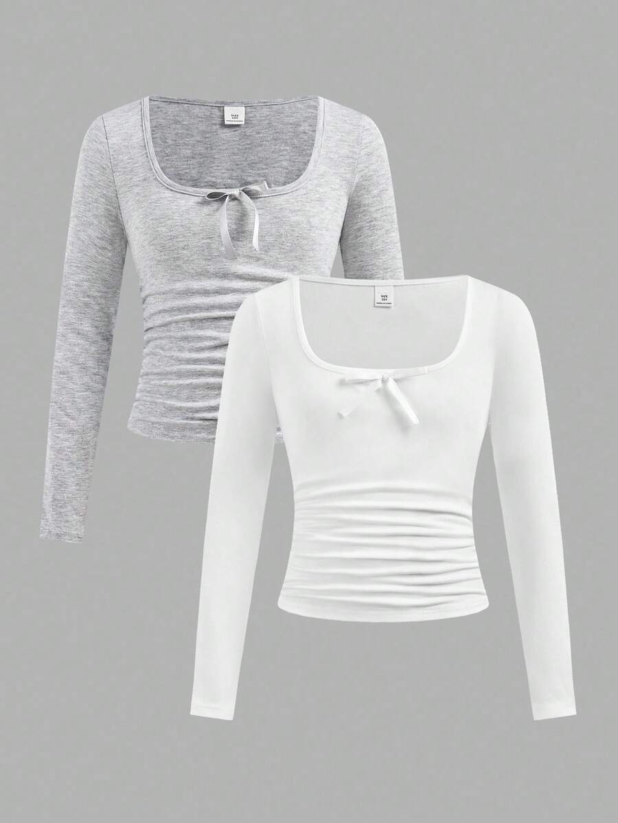 2pcs/Set Vintage Square Collar Solid Color Fitted Long Sleeve T-Shirt With Bow Decor, Versatile Autumn/Winter Fall Girls Tight Tops - Multicolor - View 1