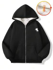 SHEIN 青少年女孩休闲时尚黑色针织连帽毛绒运动衫 - 黑色 - 查看 2