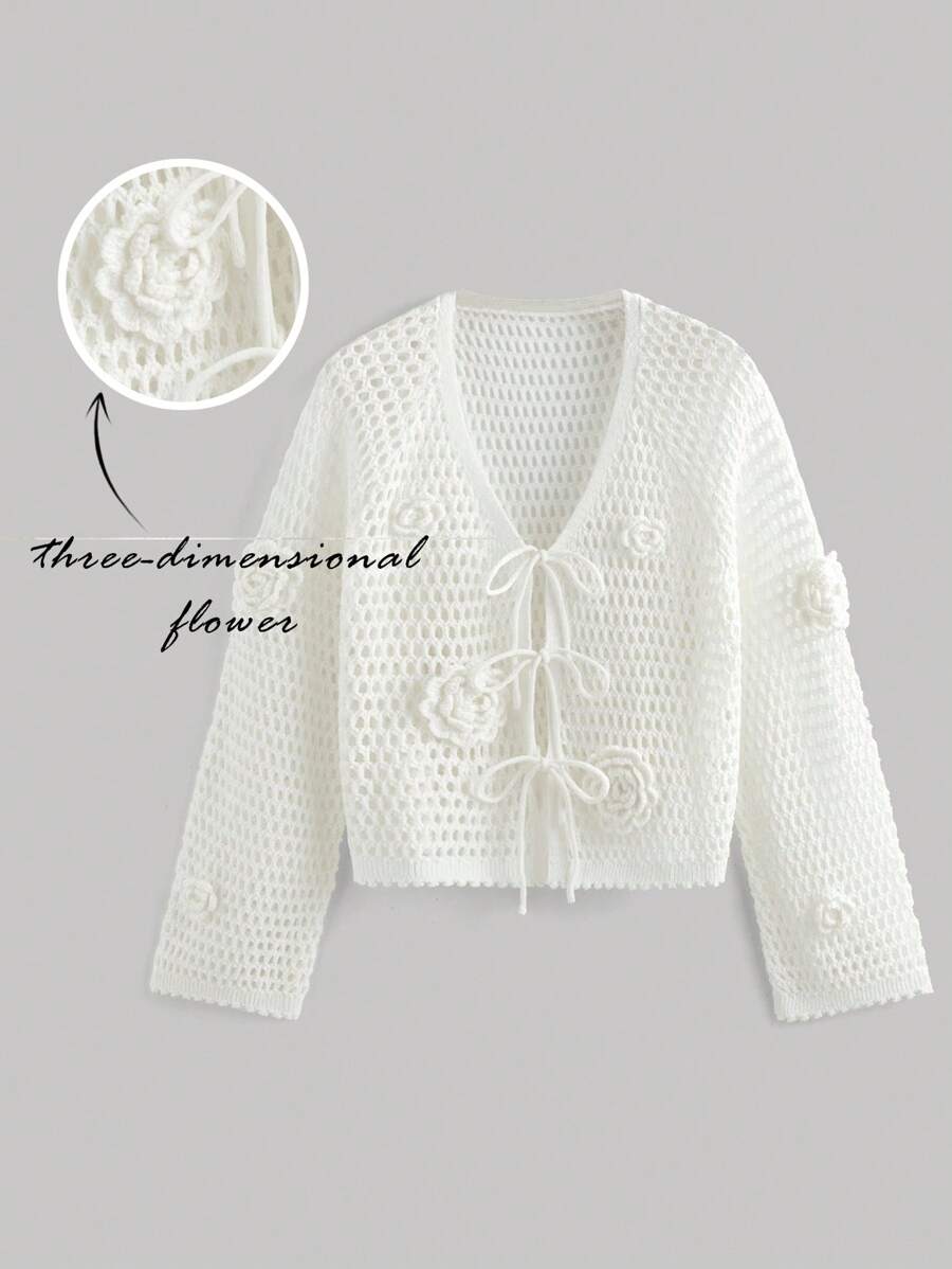 SHEIN MOD 加大码白色钩针 3D 花卉沙滩罩衫、波西米亚风加大码夏季开衫：白色钩针和 3D 花卉、透气加大码沙滩罩衫：白色钩针花卉开衫、加大码夏季、轻盈加大码钩针开衫：3D 花卉罩衫女士秋冬装 - 白色 - 查看 1