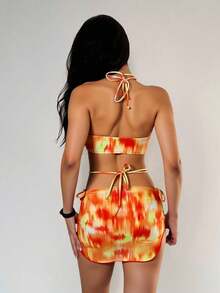 EgrlEra 3 pièces Ensemble de maillot de bain pour femme, imprimé floral avec volants, jupe en maille à fleurs exagérées - Multicolore - Voir 2
