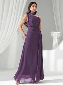 Coutiva Váy dạ hội cổ đính sequin và ngọc trai giả sang trọng, Đầm dự tiệc cao cấp, thanh lịch và tinh tế - Màu tím - Xem 5