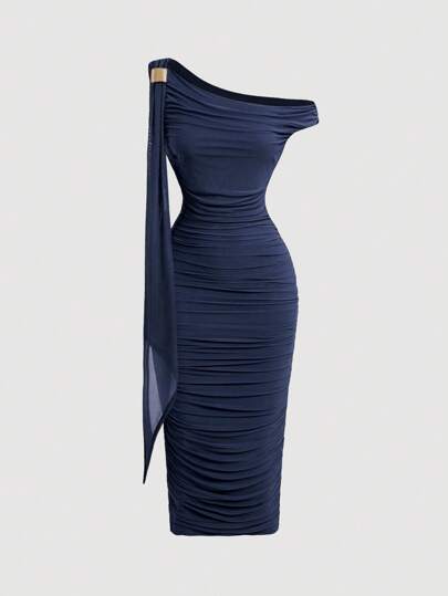 SHEIN MOD Women's Fashionable Elegant Romantic Ruched Asymmetric Midi Dress
