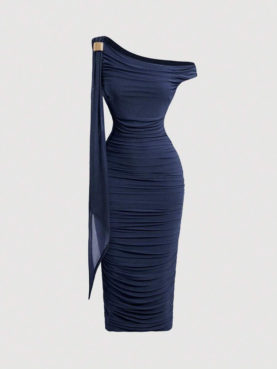 SHEIN MOD Women's Fashionable Elegant Romantic Ruched Asymmetric Midi Dress - Navy Blue - View 1