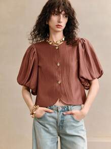 Arave 女式夏季编织闪亮金线泡泡灯笼袖圆领纹理设计衬衫，短袖上衣 - 紫紅色 - 查看 4