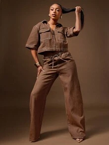 Denimoi 抽象图案抽绳腰直筒牛仔裤 - 棕色 - 查看 1