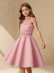 SHEIN Tween Girl Bow Strap Pleated Elegant Dress - Dusty Pink - View 1