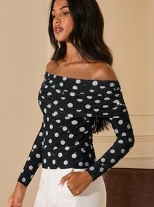 Lilora Áo thun nữ thanh lịch họa tiết chấm bi lấp lánh trễ vai, áo kiểu chấm bi, áo trễ vai tay dài. - màu đen - Xem 7